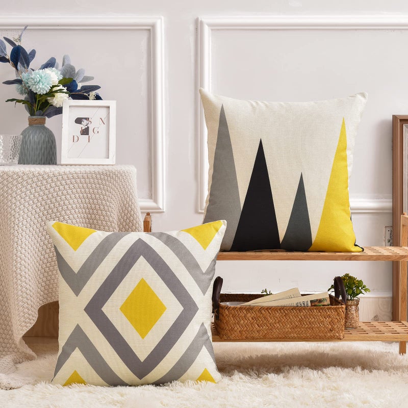 Tosewever Set of 4 Decorative Geometric Yellow Grey 18 x 18 Inches Throw Pillow Covers - Modern Pattern Linen Square Pillow Cushion Case for Sofa Couch Bed Home Decor Outdoor (18"" x 18""  Yellow/Gray) - Image 5